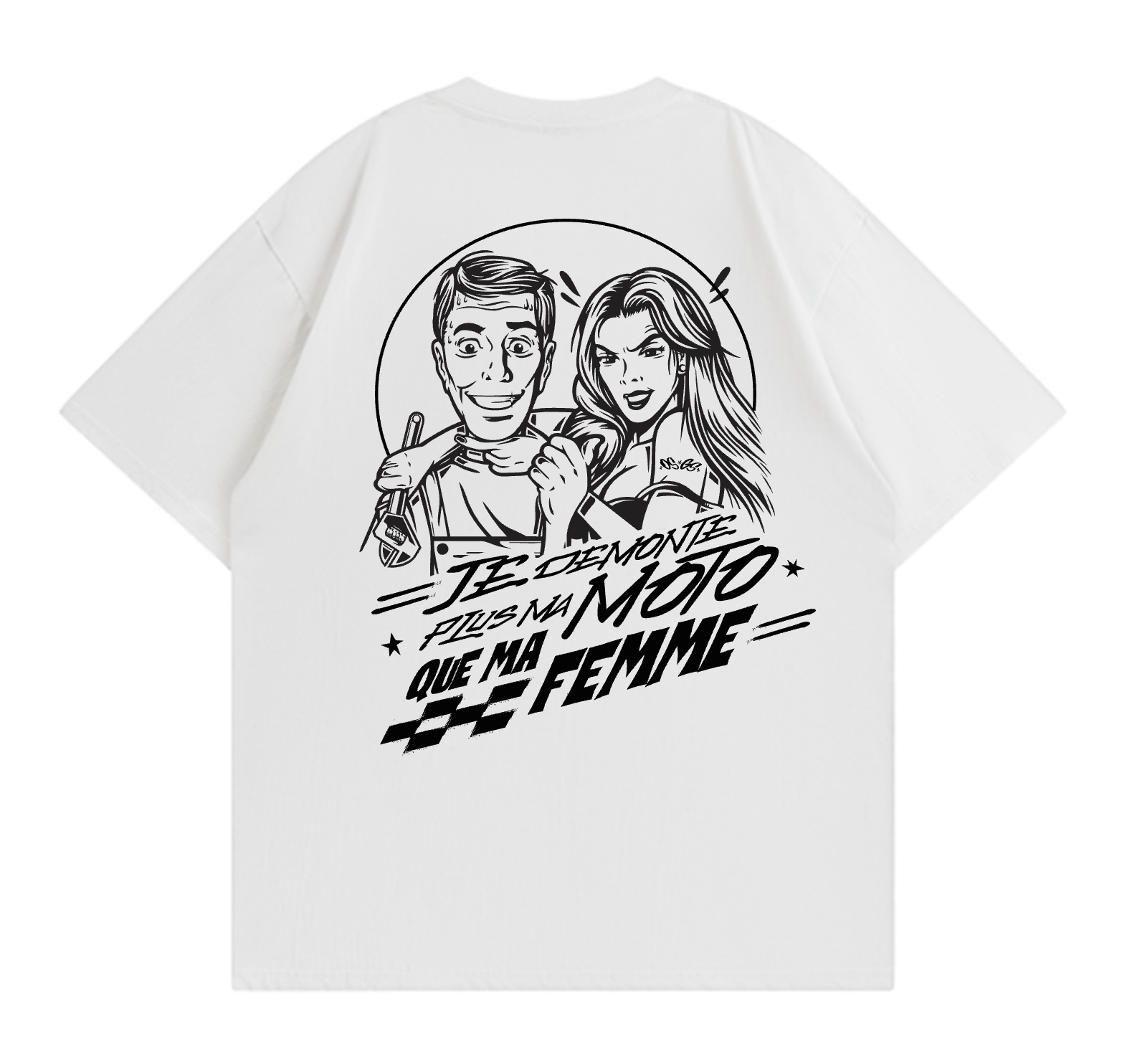 T-Shirt OSGS – "Je démonte plus ma moto que ma femme" 🛠️🏍️    Blanc