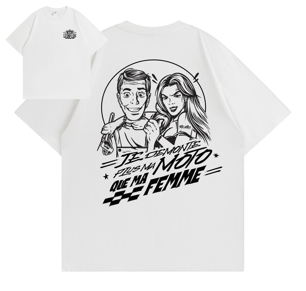 T-Shirt OSGS – "Je démonte plus ma moto que ma femme" 🛠️🏍️    Blanc