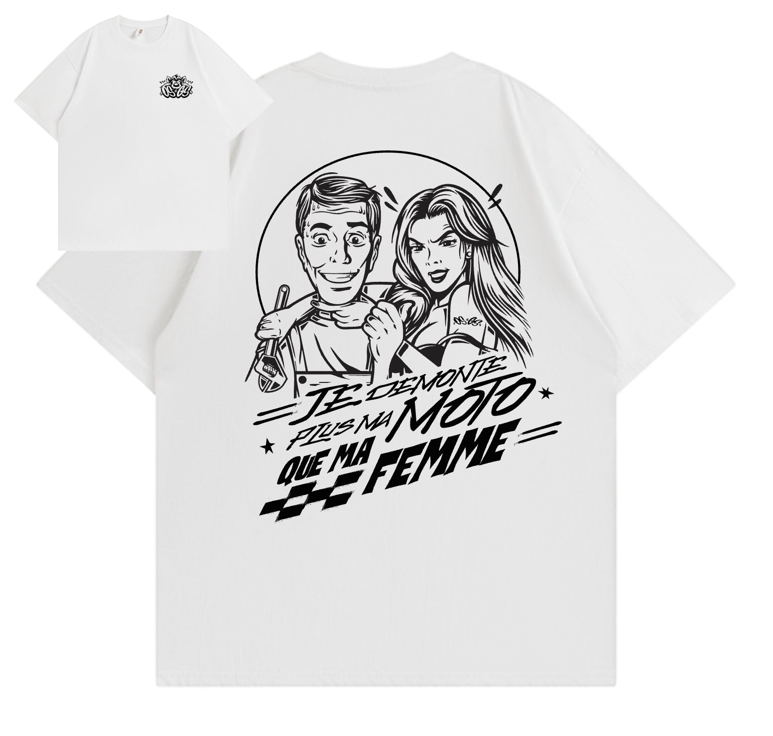 T-Shirt OSGS – "Je démonte plus ma moto que ma femme" 🛠️🏍️    Blanc